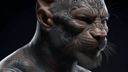 cat man, fine rendering, high detail, 8K, man, tattoos, wool,