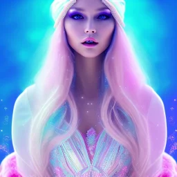 beautiful, soft, smiling face, whole head, long straight blonde hair blues eyes, crown on the head, clothing in transparent bluish and pink veil, background brillante bluish and pink, hight definition, 8K