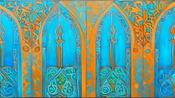 semi-abstract painting, triptych with 3 gothic_arab gates in blue, turquoise and orange