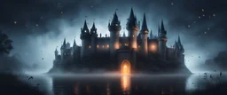 Hyper realistic huge haunted castle in a heavy foggy night with fireflies between an ocean