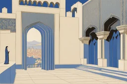 an open gothic_Arab gate in a blue-tiled wall with a view of an old city by artist "Beardsley",by artist "Rackham",by artist "Bertha Lum",by artist "Dulac",by artist "Erte"