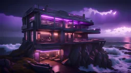 hotel on a cliff overlooking the stormy seas that serves as a safehouse during a zombie apocalypse, nighttime, storms, purple light in the windows, cyberpunk style, video game scene, hyperrealistic, hyperdetailed, Unreal Engine, 8k resolution, art station, god lights, ray tracing, RTX, lumen lighting, ultra detail, volumetric lighting, 3d