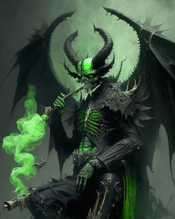 demonio de armadura negra y verde y alas de ángel negras fumando un sigarro