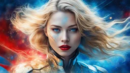 old worn canvas, layered, embossed, double exposure, artistic luminous soft watercolor, glitter, medium ground, luminosity, highlights, gold fragments, shine, light effects, artistic luminous, portrait of a female cyborg in flowing clothes, blonde hair, red lips, wind, blue space, planet, clear lines, layered, blending, textured, surreal, 3D, 8K, best quality, fine rendering, high detail, hyperrealism, high resolution, high definition, layered, pin sharp, hyperfocus, vignette