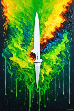 Surfing the time knife directing machine elves using your hands to send fractal energy machine elves between creation and destruction like a DNA strand" in Jorn’s raw, gestural style. The jagged, white-hot time knife slicing through the canvas creates a dynamic focal point, symbolizing the relentless march of time. The division between creation (organic, dripping greens, yellows, and blues) and destruction (fiery, scratched reds, oranges, and blacks) sets up a cosmic tension, while the neon frac