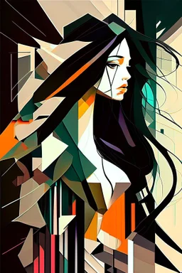 Neo Surrealism, whimsical art, Analytical Cubism Illustration Design a perfect pretty girl, black long hair, Split-Complementary color guide, Plasma Energy Texture, abstract background, girl, Pose with movement, often for geometric deconstruction, monochromatic palette, or fragmented forms.