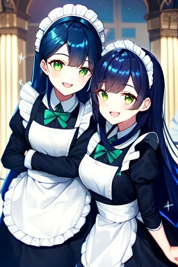 girl, masterpiece, best quality, cinematic lighting, detailed outfit, vibrant colors, perfect eyes, dark blue hair, green eyes, long hair, maid, indoors, light rays, sparkle, laughing,