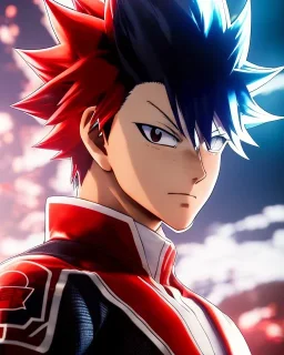 Detailed anime portrait of shoto from my hero academia, red and white hair split down the middle, blue suit, intricate details, full body portrait, keep head in frame, slight smile, black Japanese motif, concept art, highly detailed, digital painting, concept art, sharp focus, illustration, art by Yoji Shinkawa, WLOP and greg rutkowski and alphonse mucha and artgerm and yanjun Chen and Junji ito and Makoto Shinkai, HDR, octane render