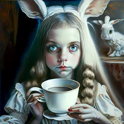 #Leonardoai Alice , photorealistic ,pop surreal , lowbrow art , enchanting portrait of a cute little girl , wearing rabbit ears , and drinking tea , together with a white rabbit , sweet , magical , cosy warm light , whimsical, alluring , dazzling ,, expressive