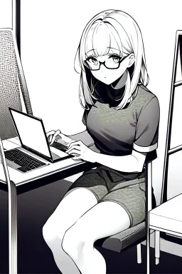 girl with glasses works on a laptop sitting in a cafe, line arts, greyscale