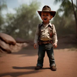 Indiana Jones toddler, full body, whip, dramatic lighting, hyper realistic