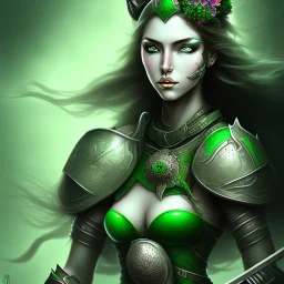 lady warrior with green top and black eyes and flower