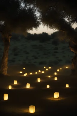 A serene olive grove at night with flickering lanterns, embodying the nuanced emotions, enigmas and complexities.