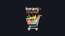 A beautiful design with a shopping cart in the middle filled with supermarket products and the words (toranj plus market) at the top of the image as a logo in a white, orange, and red color theme.