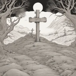 one dirt grave, wood cross, comic book, illustration,