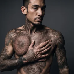 man with light skin with the entire cardiovascular system tattooed, nikon 70mm lens, photo, professional studio photo, very real