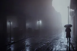 A sad man on a dark street, raining, people coming and going.
