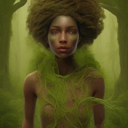 Painting .the face of A young black woman. A wood nymph emerging from the forest. Her hair looks like vines. Dreadlocs. Her skin is the colour of dark soil. Her skin looks like tree bark. Her clothing is made of vines, grass and leaves.