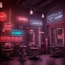 inside modern barber shop, neon lights, 8k, extremly detailed,luxus, wohlhabend, cinema4d, 3d render, creative, complex