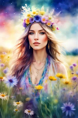 "Beautiful hippie long exposure Digital watercolor Illustration of a Beautiful hippie, in a field of wild flowers, Stylized watercolor art, Intricate, 3D, HDR, Sharp, soft Cinematic Volumetric lighting, pastel colours, perfect wide long shot visual masterpiece"