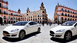 A Tesla's 'Model S Plaid' is racing at top speed, across the 'Plaza de la Constitución', in the city of Mexico. CINEMATIC. WIDE ANGLE LENS. PHOTO REAL.