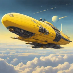 [art by Moebius] A yellow spaceship with two large engines on the sides is flying through clouds. It has an oval shape and looks like it could be from Star Wars or Blade Runner. It's leaving behind a long trail of light as its engine fires off on one side. A planet can be seen far away above the ship. Photorealistic in the style of concept art.