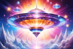 a cosmic beautiful DISH SPACESHIP made of crystals and light is flyng INA MAGIC BRIGHT SKY OF A GALAXY. IT IS PASSED BY A VERTICAL SHINE FROM TOP TO BOTTOM. IT'S FLYNG ON A FAIRY Landscape