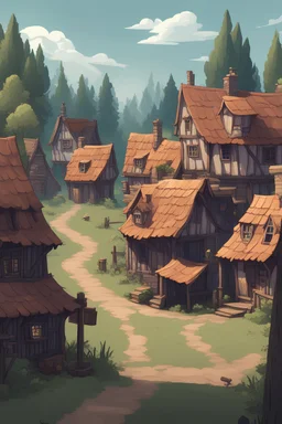 a small village with a few houses in the style of an old point and click adventure game