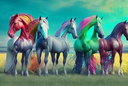 fantasy horses of different colors standing on a field