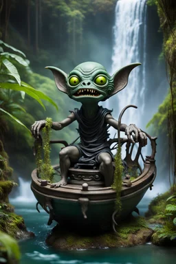 action figure of an alien gremlin electric eel necromancer on round swamp boat beholder eye wheel throne in foggy jungle waterfall