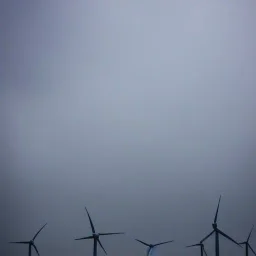 Thousands vertical wind turbines. Heavy cold rain. Thunderstorm. An engineer looking up. Futuristic scenary. Gray mist.