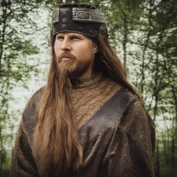 Finnish head portrait, viking age warrior costume, village, meditation, woods, galaxy sky, 8k quality