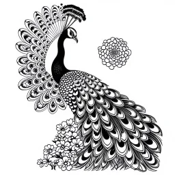 white, A peacock in a regal pose, focusing on its majestic feathers., coloring book, vector, white background, outline, with images neatly contained within the background, just black and white color, full body, no color.