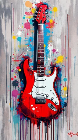 A red electric guitar , graffiti art, splash art, street art, spray paint, oil gouache melting, acrylic, high contrast, colorful polychromatic, ultra detailed, ultra quality, CGSociety, plant based skink,