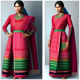 Aesthetic, 3D, Digitized, Hyper realistic, Surreal, Mesmeric, "Assamese Ethnic Tribal / Traditional Woven Women Attire" & Textile (Handloom) Industry themed Mekhela Chador (The bottom half of this distinct dress is called the 'Mekhela ', a round fit used waist downwards over a petticoat) designs, **Featured Designs:** The Revivalist - A young Assamese woman on a mission to revive fading weaving traditions. She combines old and new in her advocacy for mekhela sador. **Appearance:** Fictional fema