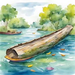 A whimsical scene of a fallen tree trunk floating in the water, with a colourful boat carefully navigating around it to avoid a collision. Watercolour style children's illustration