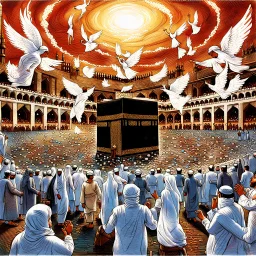 The scene in Mecca: People wearing white Ihram clothes, men without head coverings, women with veils, circumambulating around the Kaaba, and above them are transparent white spirits of children, men, and women with wings revolving around the Kaaba.