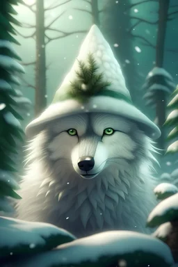 photorealistic Cute fantasy white Christmas wolf wearing a stocking hat; big pine trees all around; in the style of Yuumei
