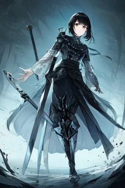 Anime girl with short black hair and sharp green eyes, holding a pike, full body black and white metal plate armour, full body shot, Dramatic lighting,1woman, soaked in blood, Warrior, standing pose, sword at the waist, close shot, lean body,