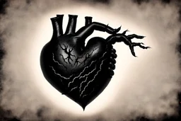 A black hand made out of black smoke violently crushing an anatomically correct heart