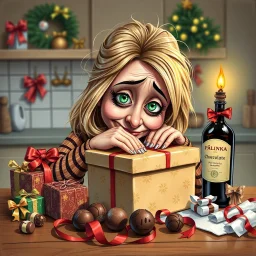 acrylic glossy, Christmas themed, whimsical caricature of an tired dark-blonde green eyes woman with messy long hair. she's wrapping a box with Christmas wrapping paper at the kitchen table. head resting on box. around her chocolate boxes, chocolate bar, chocolate balls, brandy bottle with precize text:"pálinka" and presents piled up. ribbons, and wrapping paper on table. funny detailed, stunning illustration