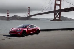 A Tesla 'Model S' is parked, on the 'Golden Gate' bridge. (CINEMATIC, WIDE ANGLE LENS, PHOTO REAL)