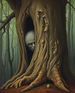 Bosch painting style , nightmare, a hairy big foot creature hiding behind a big tree , half of his body and face is showing up