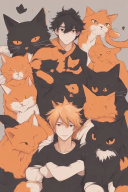 A young adult male, one black cat ear, one orange cat ear, black and orange messy hair