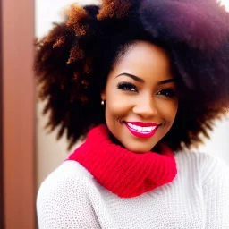 Woman, happy, expressive, emotive, smiling, pouting lips, African American, afro hair, kinky hair, coily hair, blizzard, snow, red sweater, delta sigma theta, snow angel, hazel colored eyes, snow man, snowflake,snowball, hair in high puff, short hair, no makeup