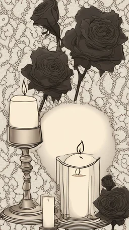 white lace fabric background.black roses with candles.cinematic