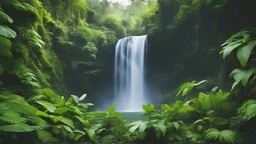 a waterfall surrounded by lush vegetation.