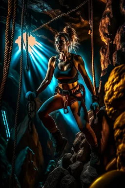 An action shot of a sexy looking zombie mountain climber, dramatic climb, an action shot, sexy crop top and tight leggings, climbing ropes,cinematic poster, cinematic lighting