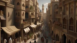 An Arab city with high walls and its inhabitants shopping, 8k, high qualite