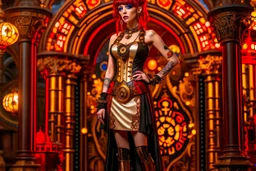 full body shot of a skinny Cleopatra, with a bob red hairstyle, standing in a steampunk setting.